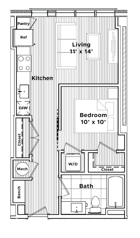 Floor plan for studio, 1 bath, 532 sqft